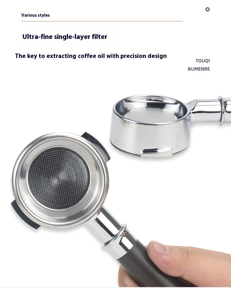 A close-up of a metal portafilter with a dark gray handle and mesh filter, shown alongside a second view of the same filter. A human hand is holding the handle, and text at the top describes the ultra-fine single-layer filter.