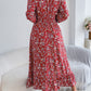 Women's Elegant Floral Print Cross V Neck Tie Waist Ruffle Maxi Dress