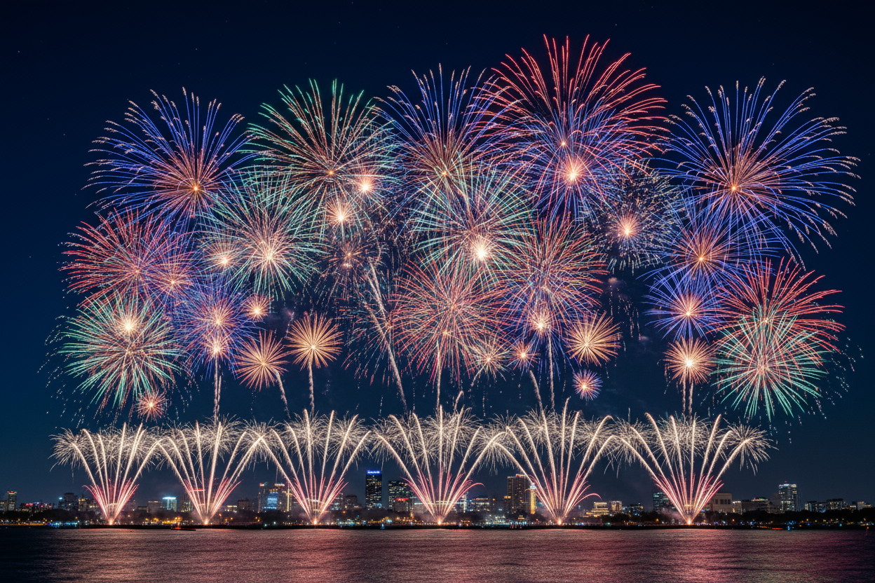 a beautiful picture of a sky filled with fire works for new years 