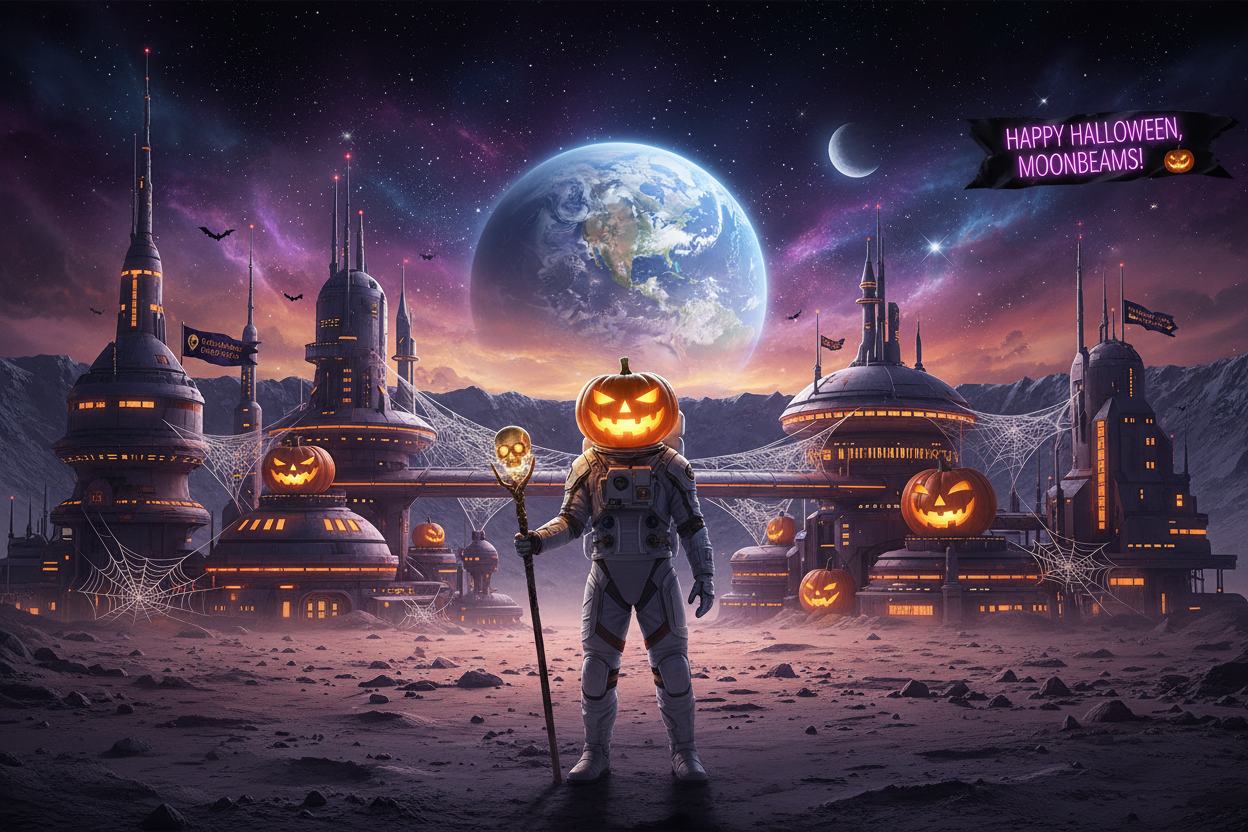 a cool background with a city with Halloween decorations and the city is on the moon and there is a space astronaut and his space helmet is a Halloween pumpkin  