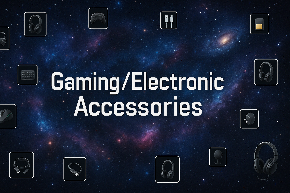 a cool space background with a bunch of small squares with little pictures inside them of headphones and keyboard and gaming electronics with the words in the middle of the picture "Gaming/electronic Accessories" 