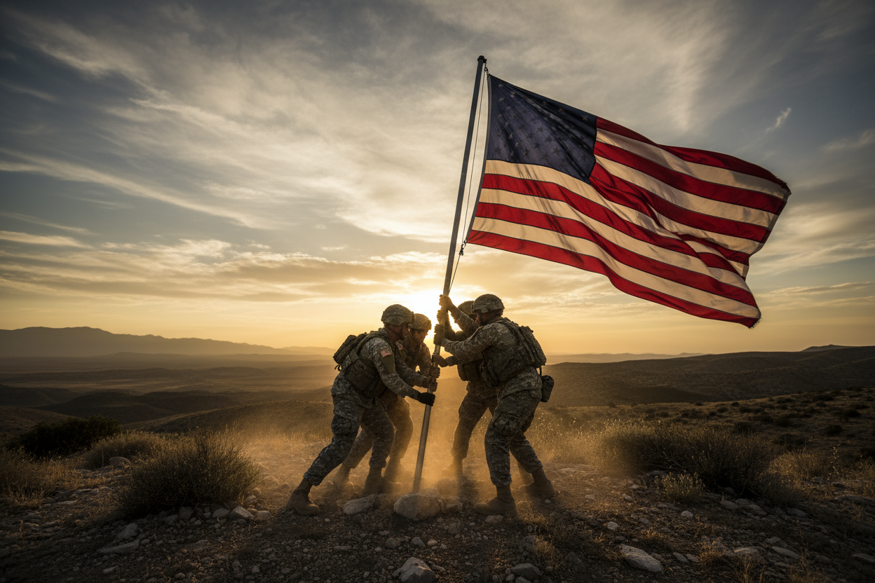 a picture of American military standing on a hill planting a flag 