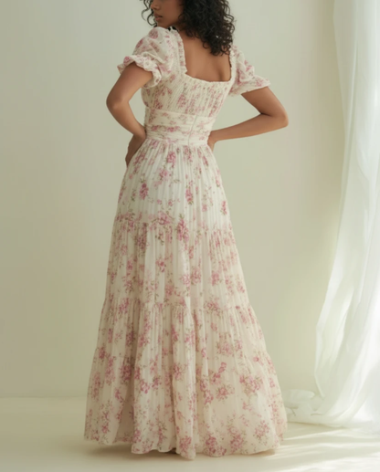 Floral Smocked Bodice Puff Sleeve Maxi Dress