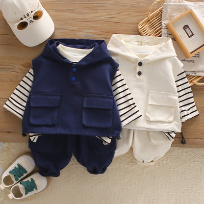 Boys' 3-Piece Striped Hoodie Vest Set | Top, Vest & Trousers