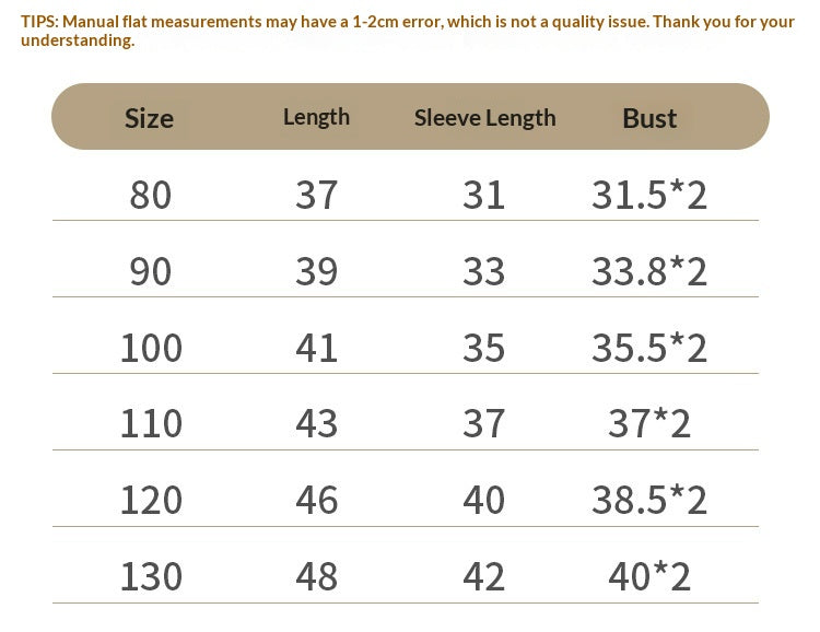 Size chart with measurements for length, sleeve length, and bust for different sizes.