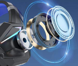 A close-up of a black and silver gaming headset with a floating exploded view of its internal components, including a clear lens, gold-toned rings, and blue glowing circular effects, set against a dark blue background.
