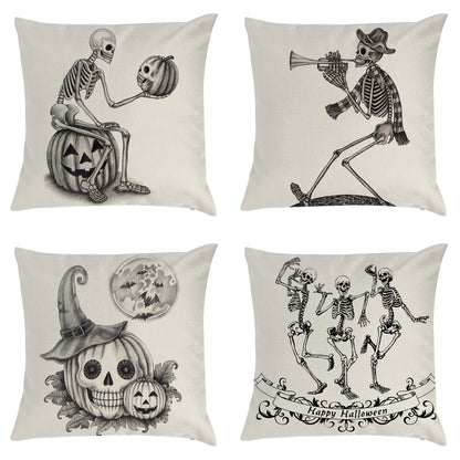 Halloween Skull & Pumpkin Nordic Linen Cushion Cover