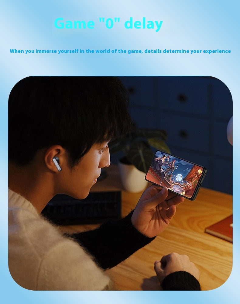 A person seated at a desk holding a smartphone that displays a colorful video game, with white wireless earbuds in their ear. The scene is framed in a rounded rectangle with a light blue border, and the text at the top reads 'Game "0" delay' with a supporting slogan below.
