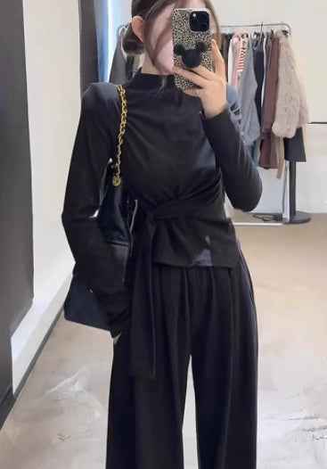 Design-inspired Strap-wrapped Fitted Long-sleeved Top With Wide-leg Pants Set