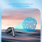 A promotional graphic for a single black wireless earbud with text reading 'Smart Touch' and smaller descriptive copy about smart fingerprint touch and call quality. A large blue fingerprint icon appears over a blurred beach scene background, with the earbud shown floating in the lower left.