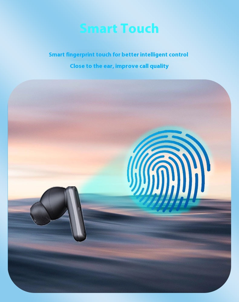 A promotional graphic for a single black wireless earbud with text reading 'Smart Touch' and smaller descriptive copy about smart fingerprint touch and call quality. A large blue fingerprint icon appears over a blurred beach scene background, with the earbud shown floating in the lower left.