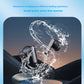 Waterproof and sweat-proof wireless earbuds floating above a car dashboard with a dramatic water splash effect, set against a light blue background with promotional text.