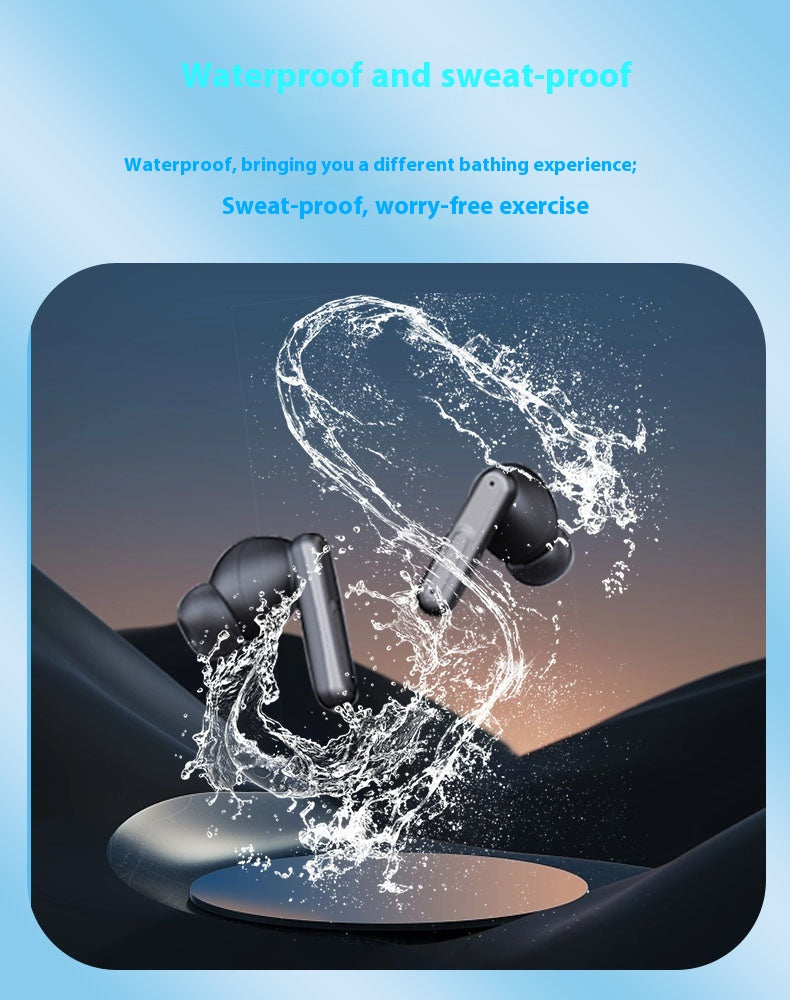 Waterproof and sweat-proof wireless earbuds floating above a car dashboard with a dramatic water splash effect, set against a light blue background with promotional text.