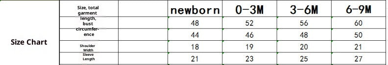 Size chart for children's clothing with measurements in centimeters.