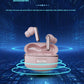 A pair of wireless earbuds in a matching charging case, shown floating above a glowing blue digital grid background with promotional text about wireless freedom and music.