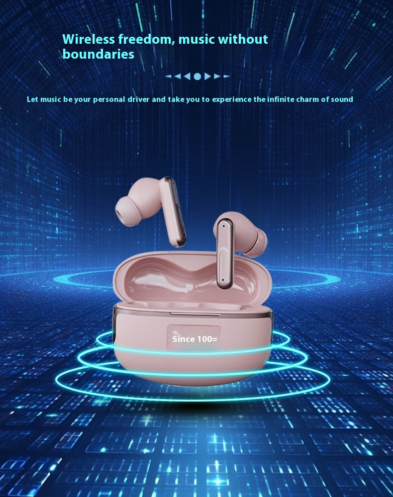 A pair of wireless earbuds in a matching charging case, shown floating above a glowing blue digital grid background with promotional text about wireless freedom and music.