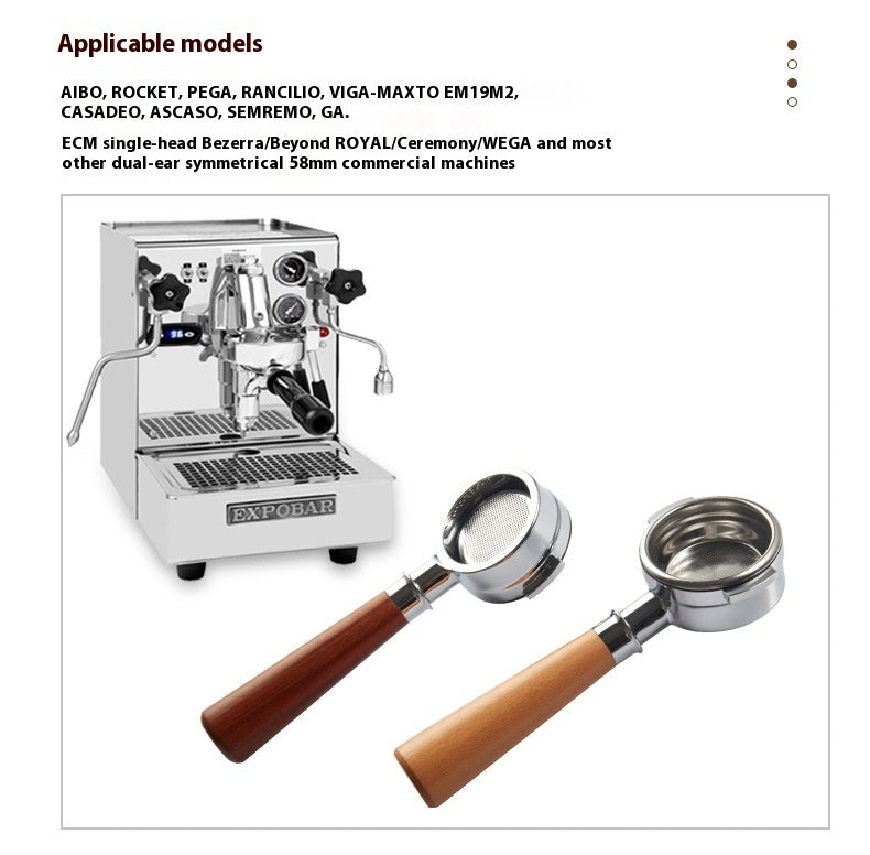 A promotional product image showing a white espresso machine alongside two portafilters with wooden handles on a white background. Text at the top reads 'Applicable models' and lists compatible espresso machine models, including AIBO, ROCKET, PEGA, RANCILIO, VIGA-MAXTO EM19M2, CASADEO, ASCATO, SEMREMO, and ECM single-head machines.