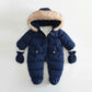 Fleece-lined Thick Large Fur Hooded Baby Jumpsuit
