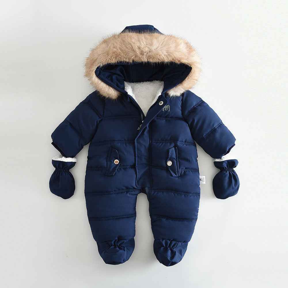 Fleece-lined Thick Large Fur Hooded Baby Jumpsuit