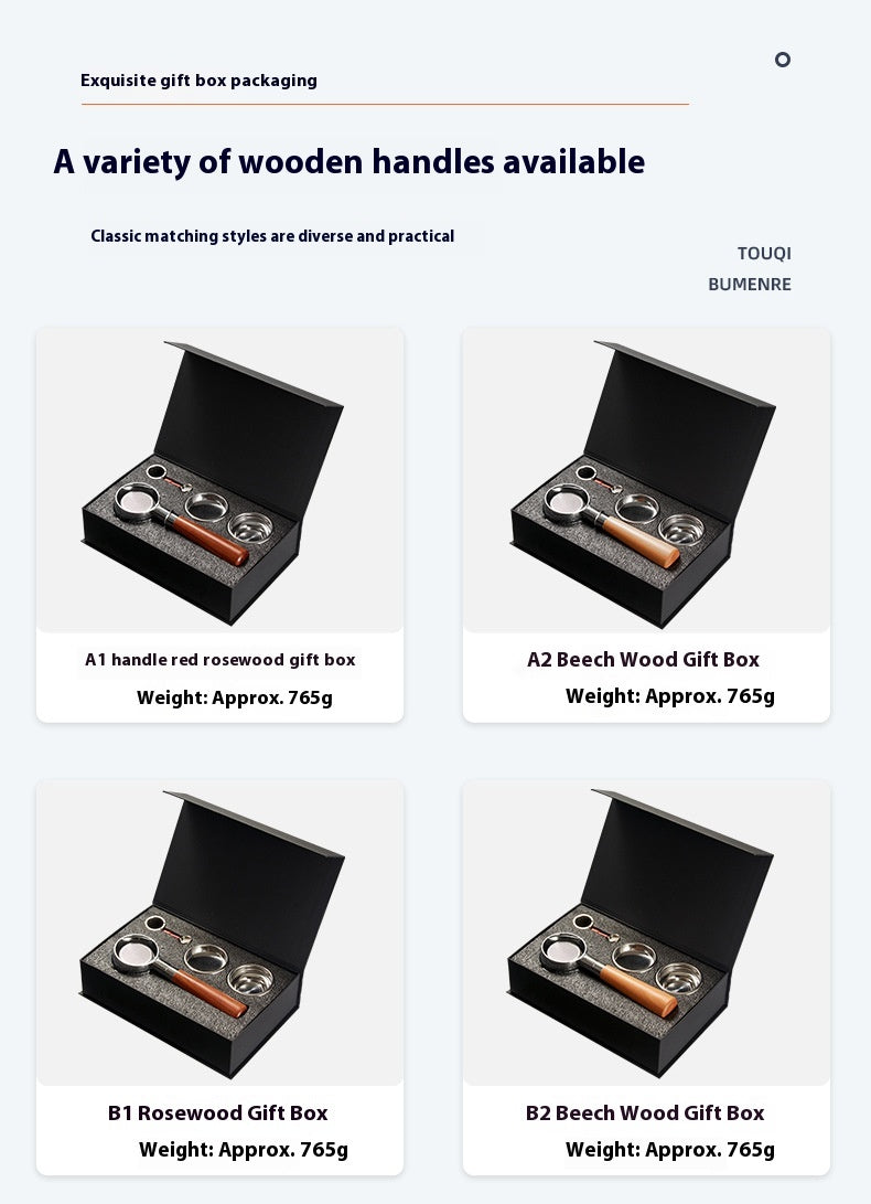 A promotional grid showing four wooden gift box options, each with an open black presentation box containing a metal tin and a wooden handle. Text labels identify the handles as Touqi Bumerike, A1 red rosewood, A2 Beech Wood, B1 Rosewood, and B2 Beech Wood, with approximate weights of 765g.