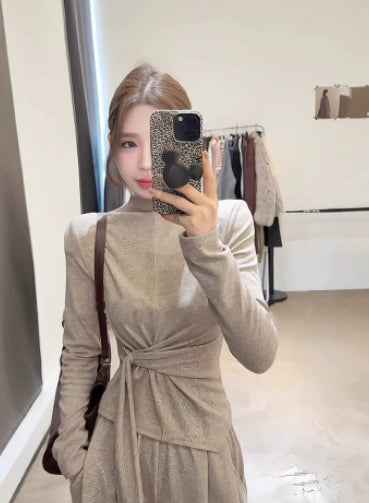 Design-inspired Strap-wrapped Fitted Long-sleeved Top With Wide-leg Pants Set