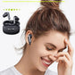 A smiling woman with her hair in a bun wears a pair of black wireless earbuds, with the charging case shown beside her. The image includes promotional text at the top and a small inset of the earbuds and case.