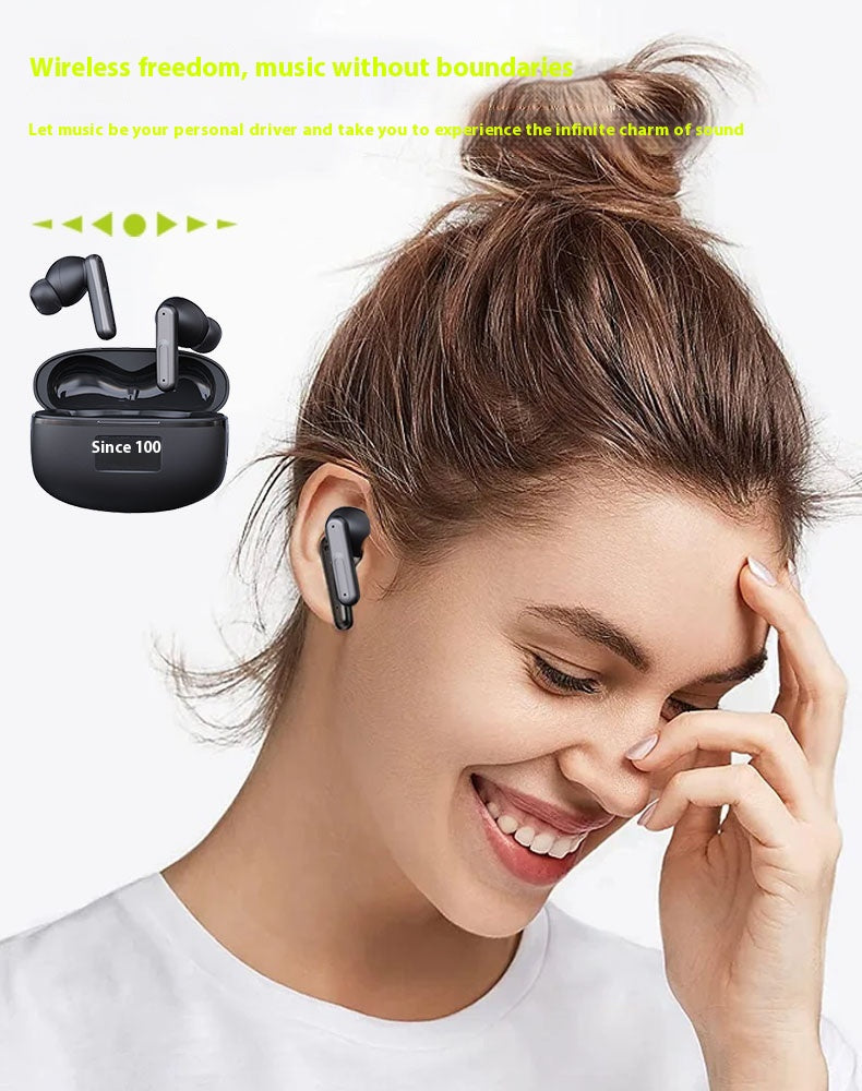 A smiling woman with her hair in a bun wears a pair of black wireless earbuds, with the charging case shown beside her. The image includes promotional text at the top and a small inset of the earbuds and case.
