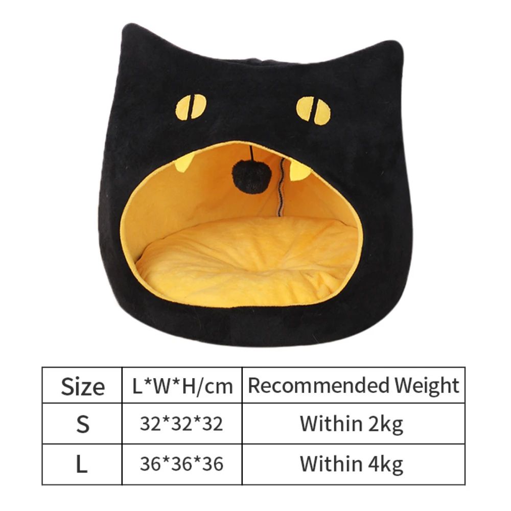 252265107-1 Black cat-shaped pet bed size chart showing S at 32 × 32 × 32 cm and L at 36 × 36 × 36 cm.
