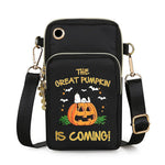 217095743-1 Black Halloween pumpkin mini crossbody bag with bat graphics, gold-tone zippers and an adjustable shoulder strap.
