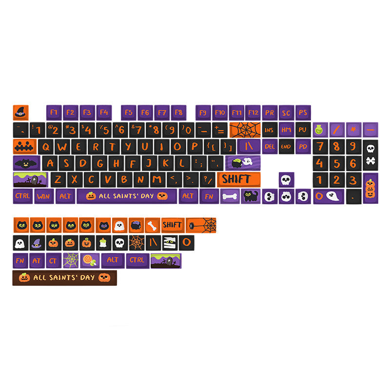502523802-1  Halloween keycap set laid out in black, purple and orange with pumpkin, ghost, skull, spiderweb and bat designs.
