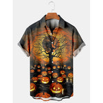 632639273-1 Men's short-sleeve Halloween button-up shirt with glowing jack-o'-lanterns and a bare tree against an orange sky.
