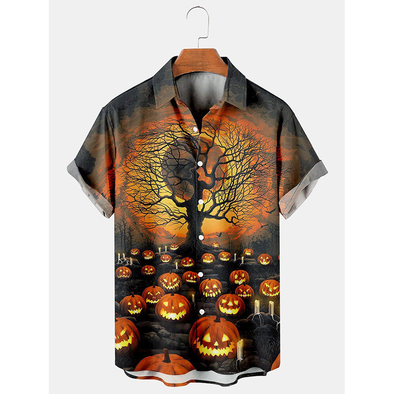 632639273-1 Men's short-sleeve Halloween button-up shirt with glowing jack-o'-lanterns and a bare tree against an orange sky.
