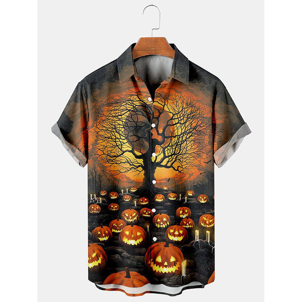 632639273-1 Men's short-sleeve Halloween button-up shirt with glowing jack-o'-lanterns and a bare tree against an orange sky.
